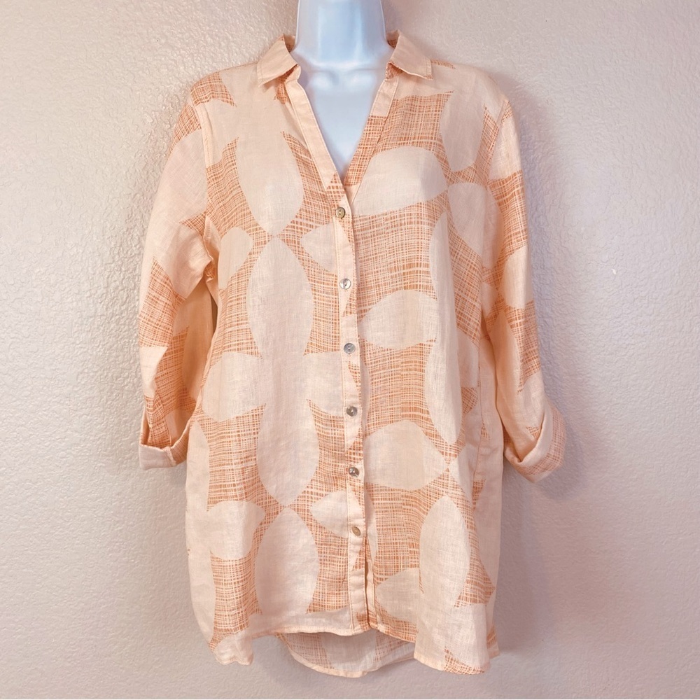 Joie Linen Button Up Peach Print Blou Size M - image 1